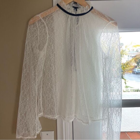 Creamy White Lace Ruffle High Neck Blouse Medium - Picture 4 of 7